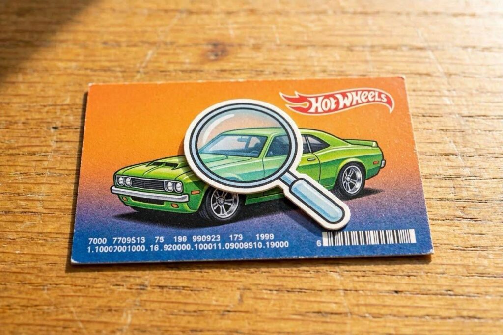 maginifying glass icon on top of hot wheels card